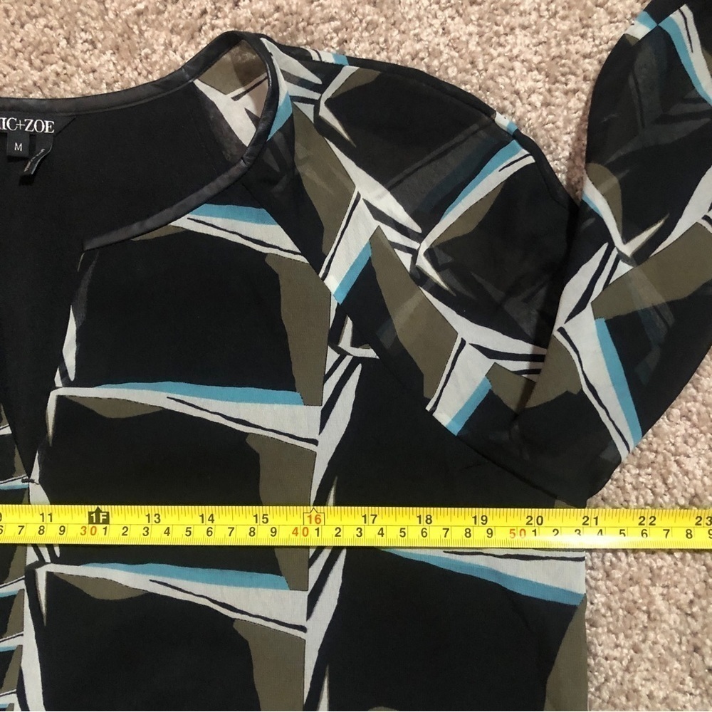 Nic+Zoe Leather Trim Black Green Blue Abstract Geo Print Tunic Top Medium - Picture 8 of 8